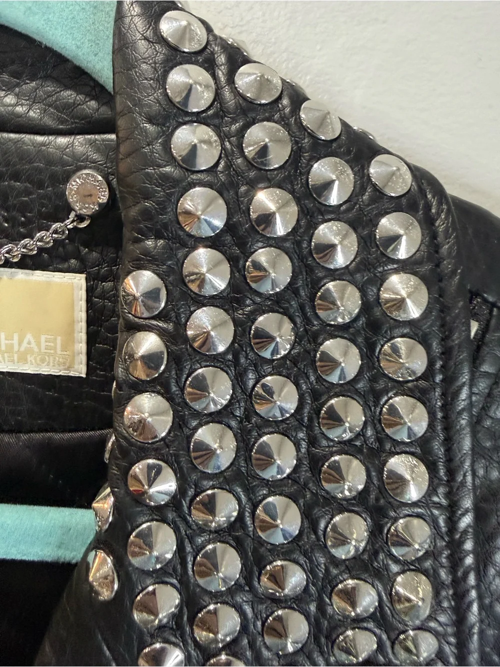 Michael Kors Black Studded Collar Pebbled Leather Moto Jacket